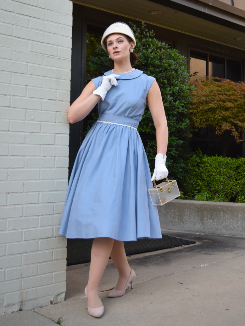 Linen Midi Dress, Sleeveless, Crew Neck, Plain, Vintage, Blue