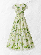 Linen Maxi Dress, Short Sleeve, V neck, Floral, Vintage, Green