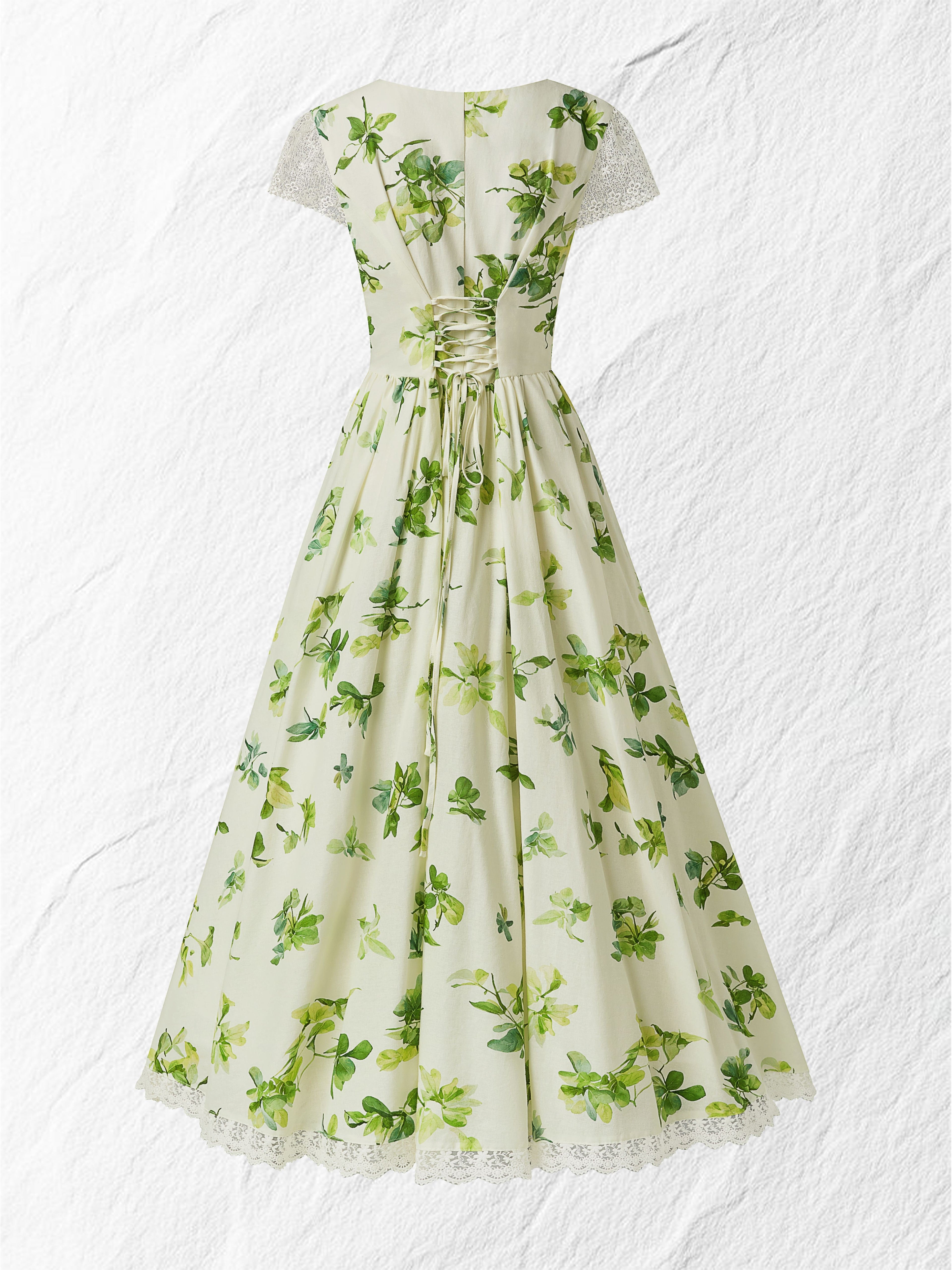 Linen Maxi Dress, Short Sleeve, V neck, Floral, Vintage, Green