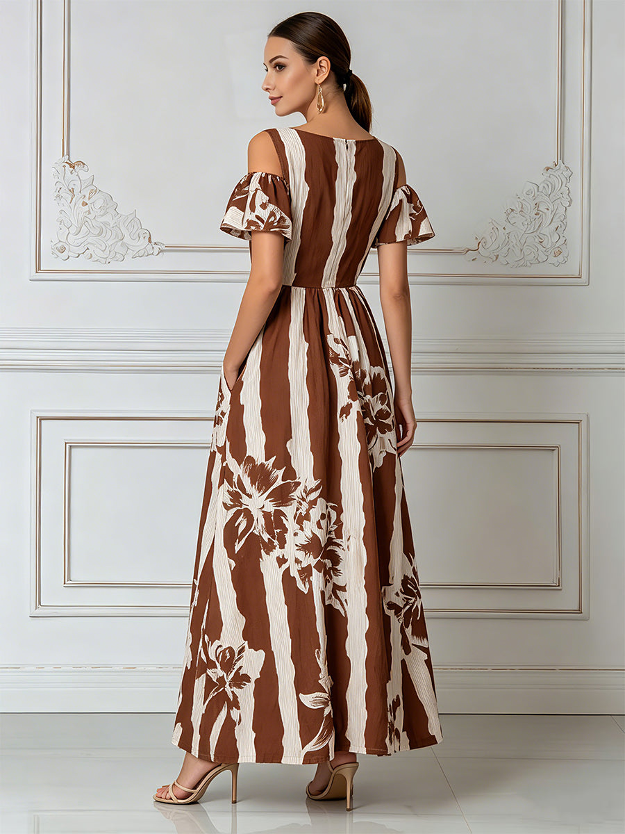 Earthy Striped Floral Print Cold-Shoulder Maxi Dress