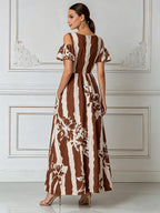Earthy Striped Floral Print Cold-Shoulder Maxi Dress