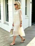 Light Blue Tiered Ruffle Chiffon Midi Dress, Round Neck Flutter Short Sleeve Loose Plus Size Elegant Women Dress