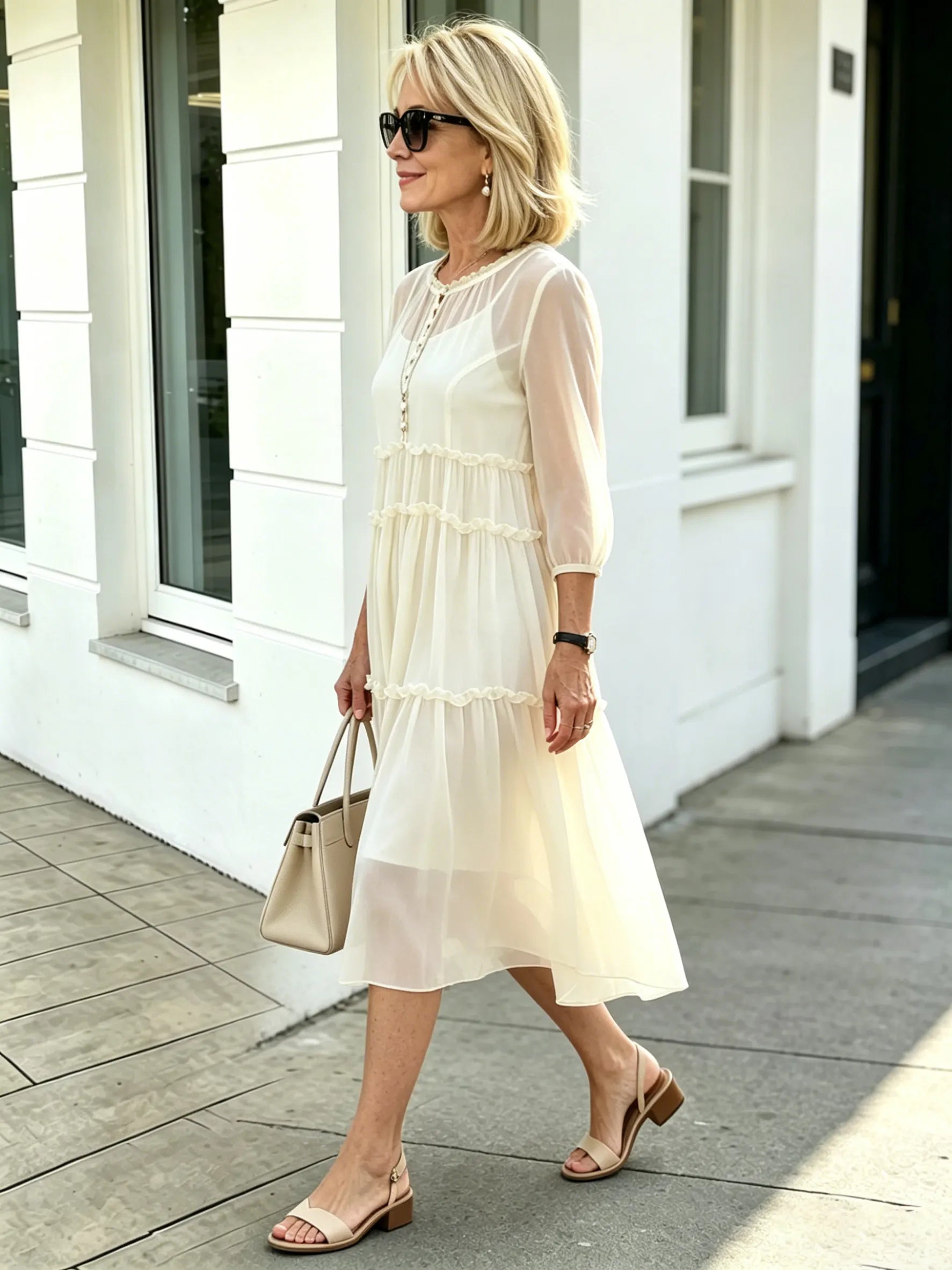 Light Blue Tiered Ruffle Chiffon Midi Dress, Round Neck Flutter Short Sleeve Loose Plus Size Elegant Women Dress