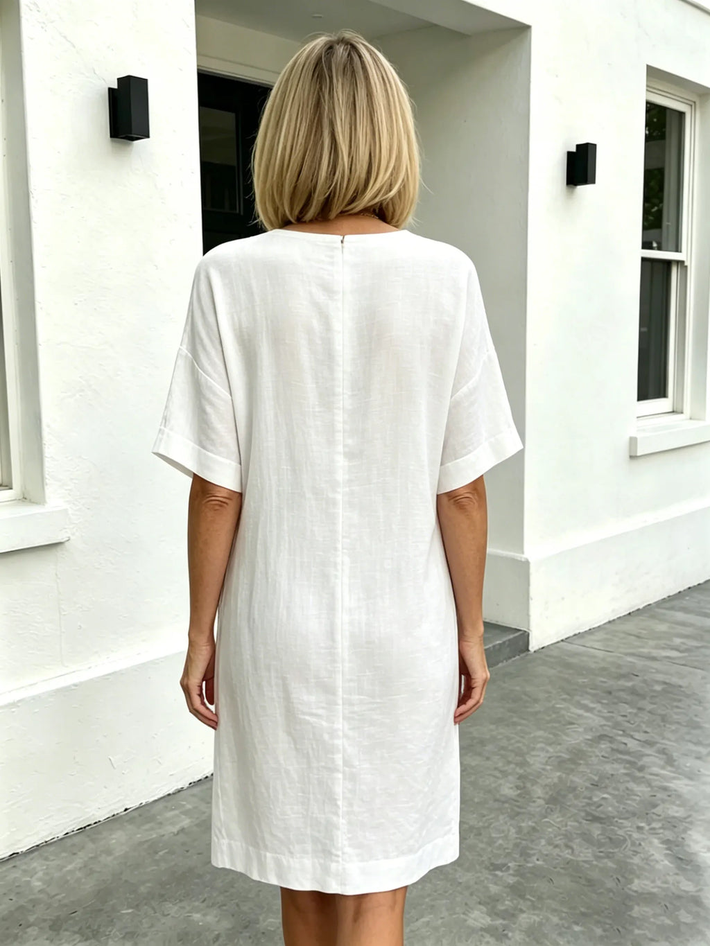 Short Sleeve V-Neck Cotton and Linen Loose Summer Dress