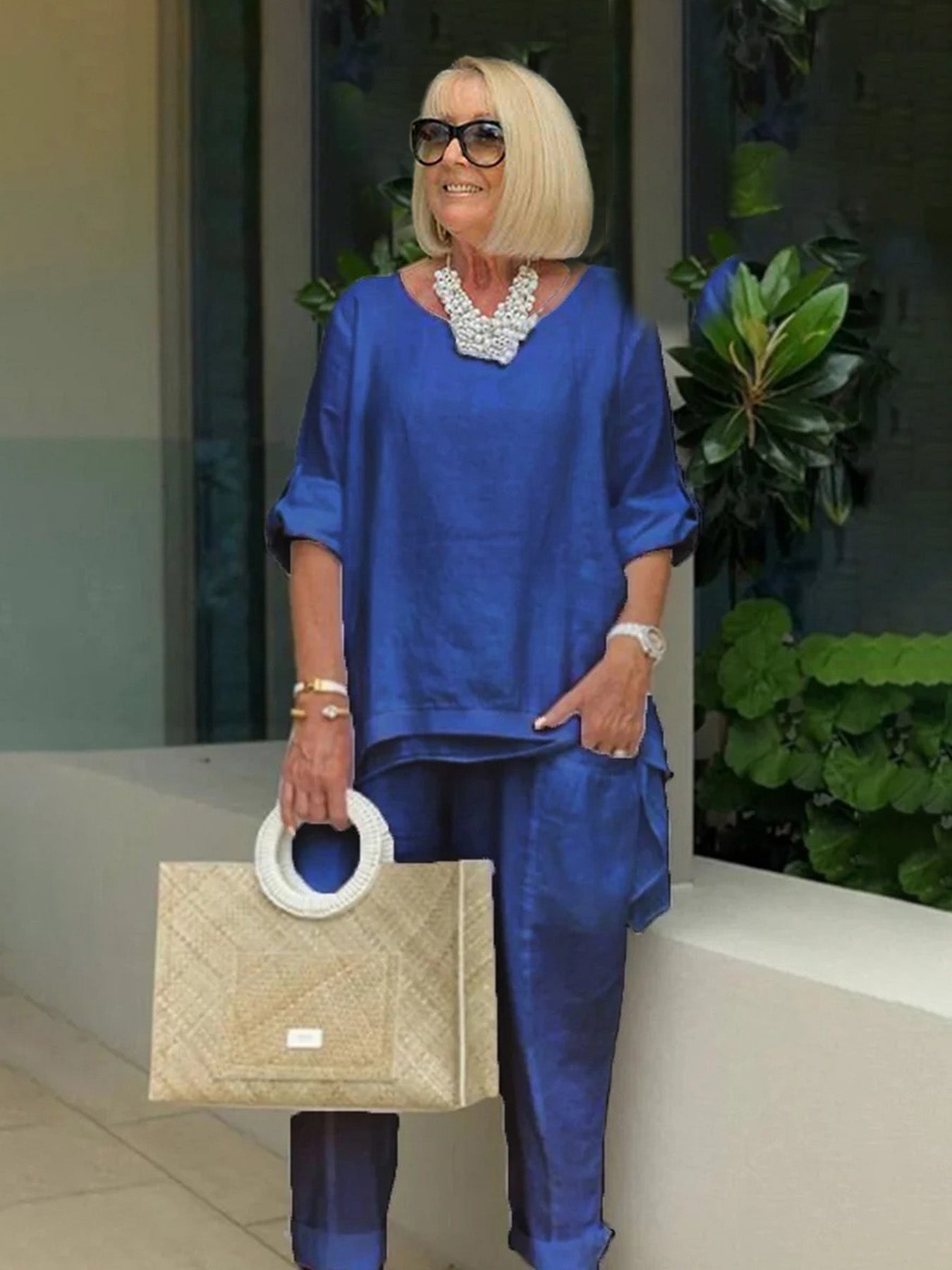 Double-layered Solid Color Cotton and Linen Two-piece Loose Casual Soft Shirt Pants