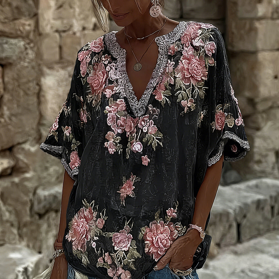 Women's Spring Floral Embroidered Art Print Flowy Linen Blend Casual Tops