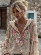 Women's Vintage Pink Floral Embroidery V-neck Linen Blend Hoodie