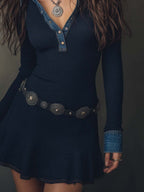 Retro Flare Hem Knit Denim Trim Mini Dress