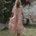 Women's Vintage Boho Floral Art Flowy Linen Blend Casual Short Sleeve Maxi Dress