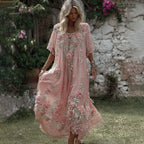 Women's Vintage Boho Floral Art Flowy Linen Blend Casual Short Sleeve Maxi Dress