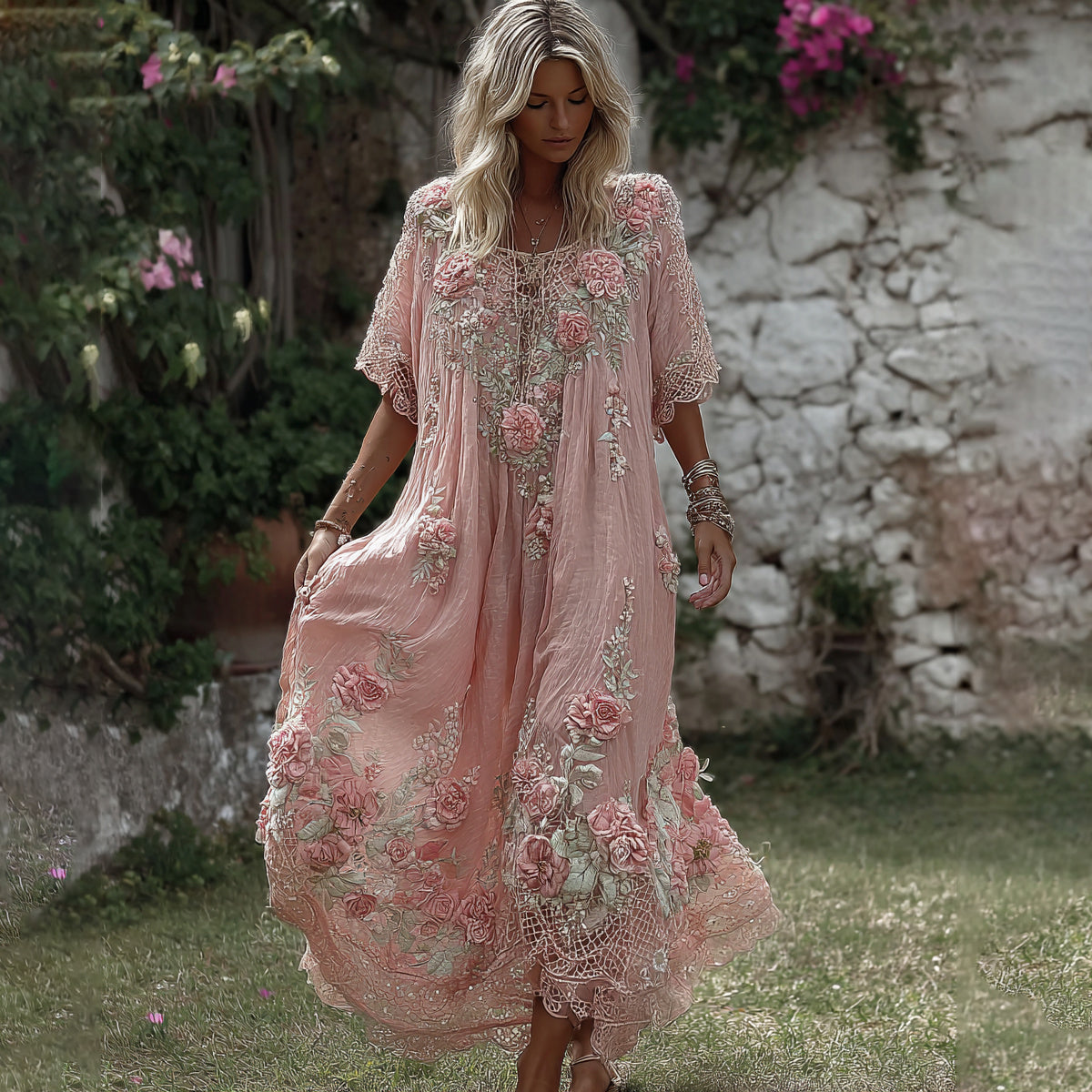 Women's Vintage Boho Floral Art Flowy Linen Blend Casual Short Sleeve Maxi Dress