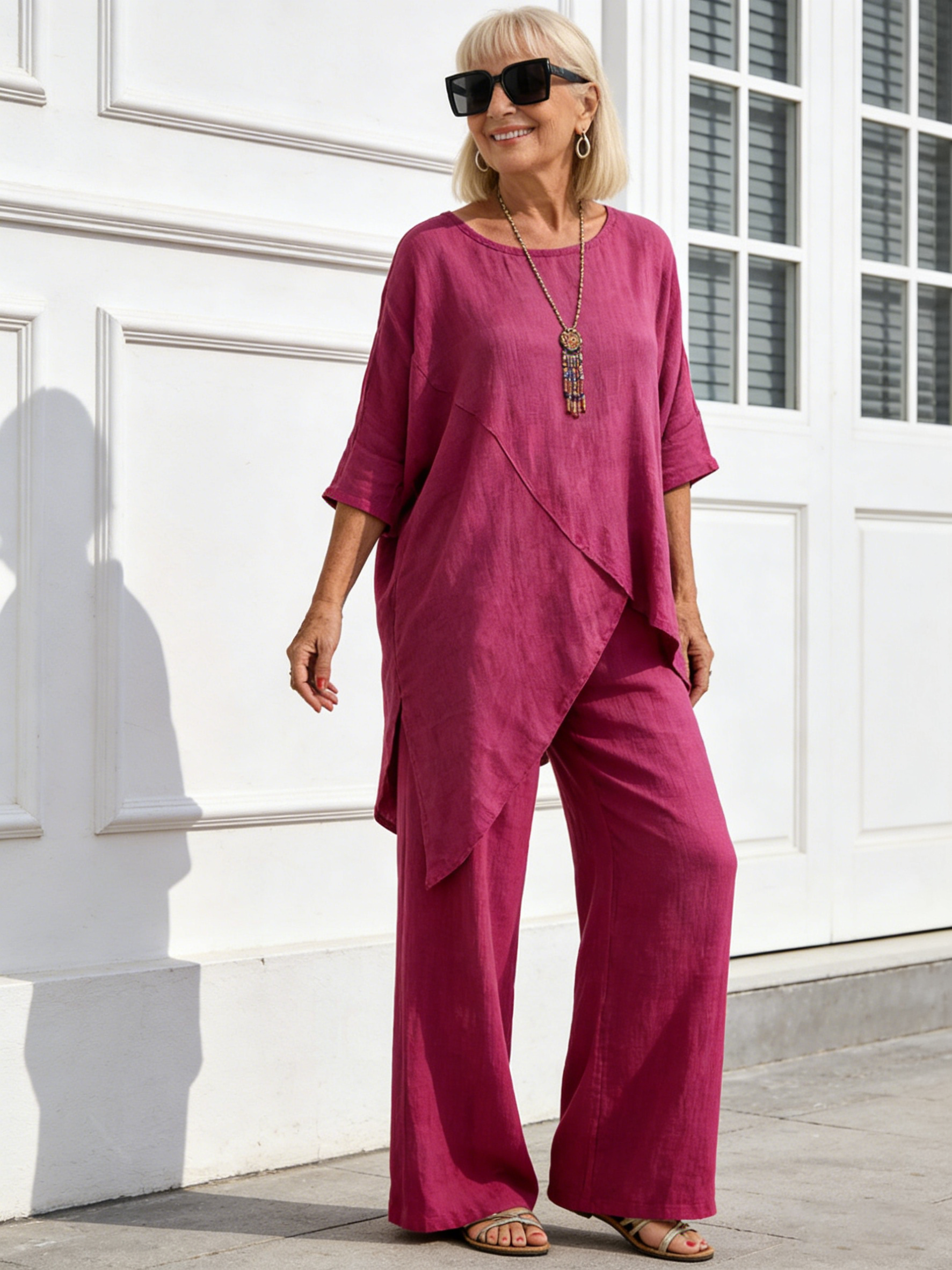 2Pcs Set Cotton and Linen Sleeves Round Neck Loose Casual Irregular Hem Set