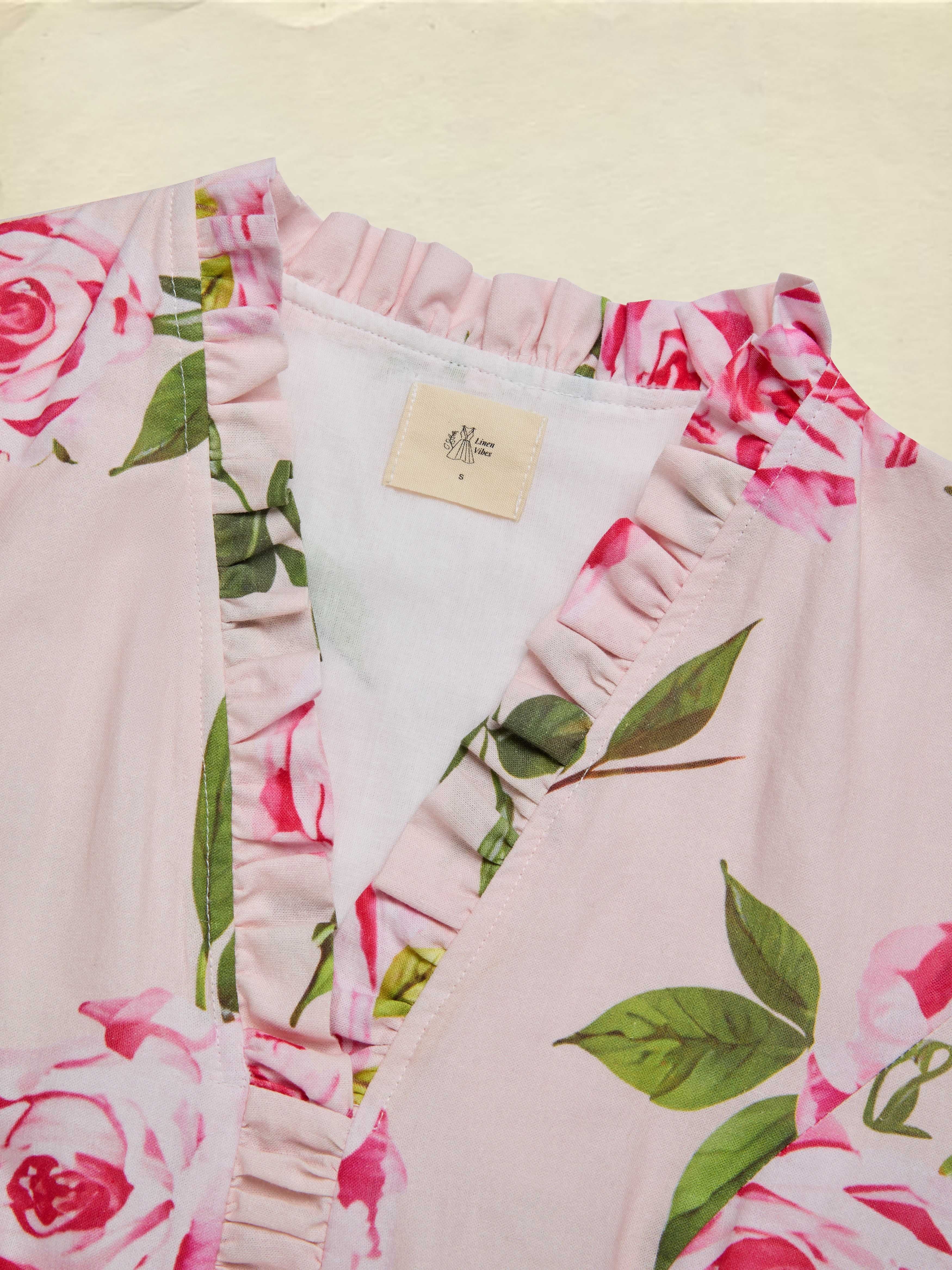 Midi Linen Dress , Long Sleeves, V Neck, Floral, Belt Design, Vacation, Vintage, Light Pink