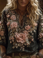 Bohemian Style Pink Flower Casual Long Sleeved Top
