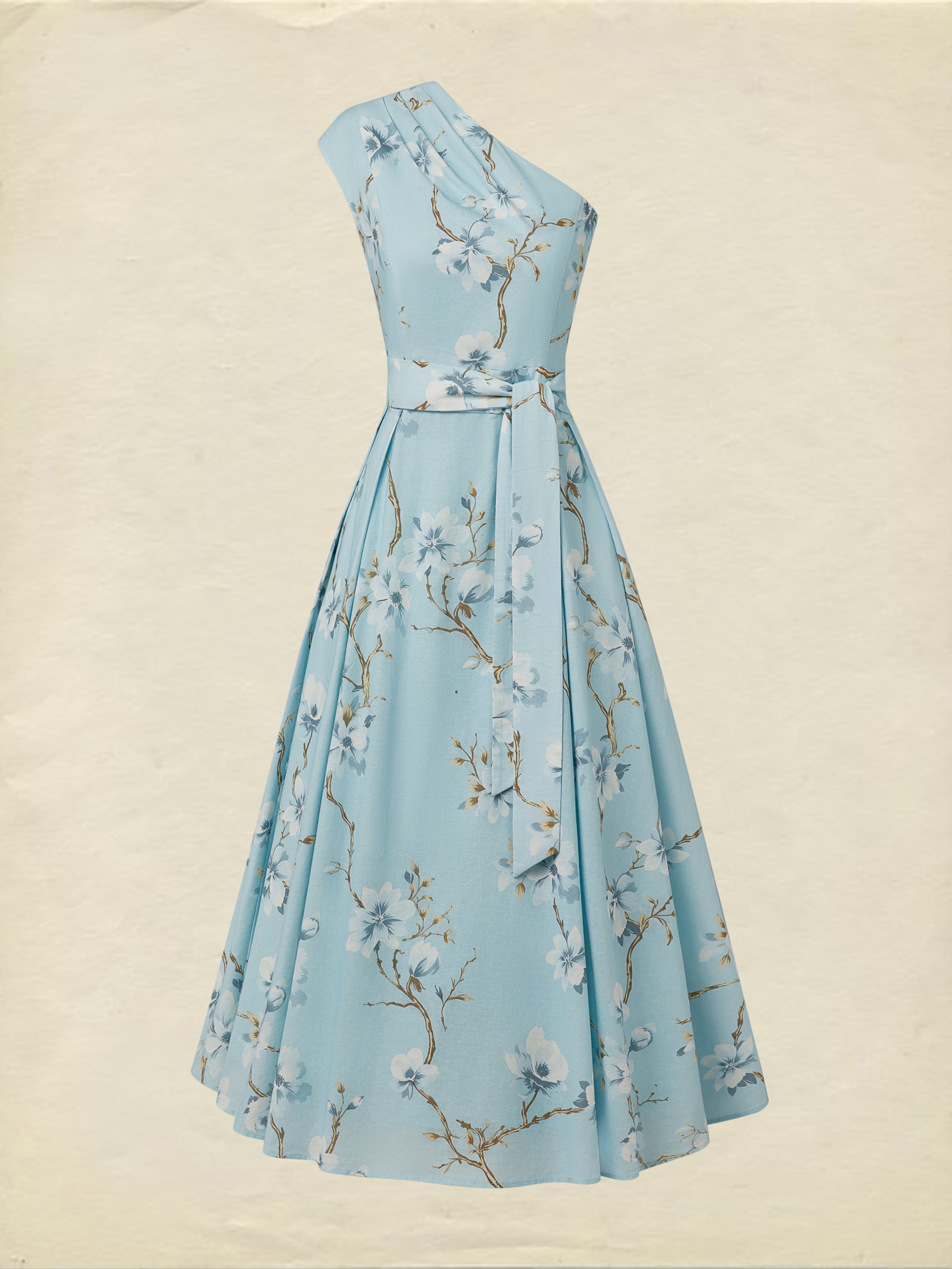 Maxi Linen Dress, Sleeveless, One Shoulder, Floral, Belt Design, Vacation, Vintage, Blue