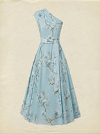 Maxi Linen Dress, Sleeveless, One Shoulder, Floral, Belt Design, Vacation, Vintage, Blue