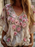 Bohemian Style Pink Rose Vintage Romantic Distressed V-neck Short-sleeved Shirt