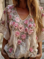 Bohemian Style Pink Rose Vintage Romantic Distressed V-neck Short-sleeved Shirt