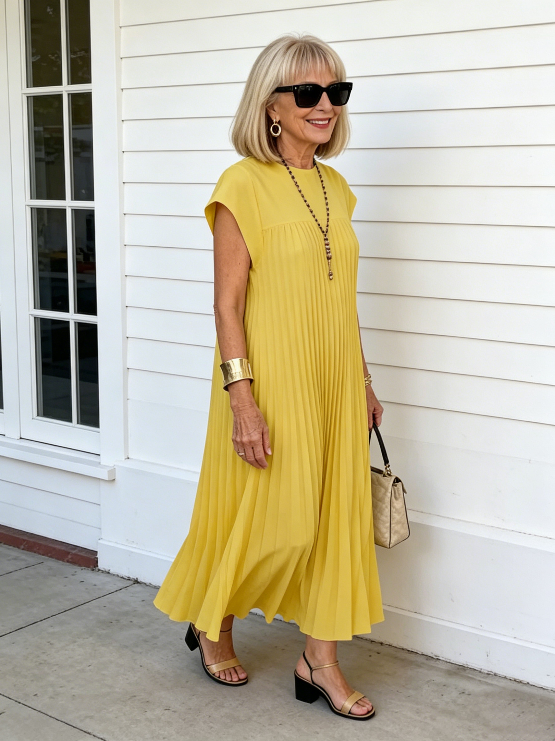 Elastic Dress Women's Elegant Fashion Crew Neck Sleeveless Pleated Long Dress