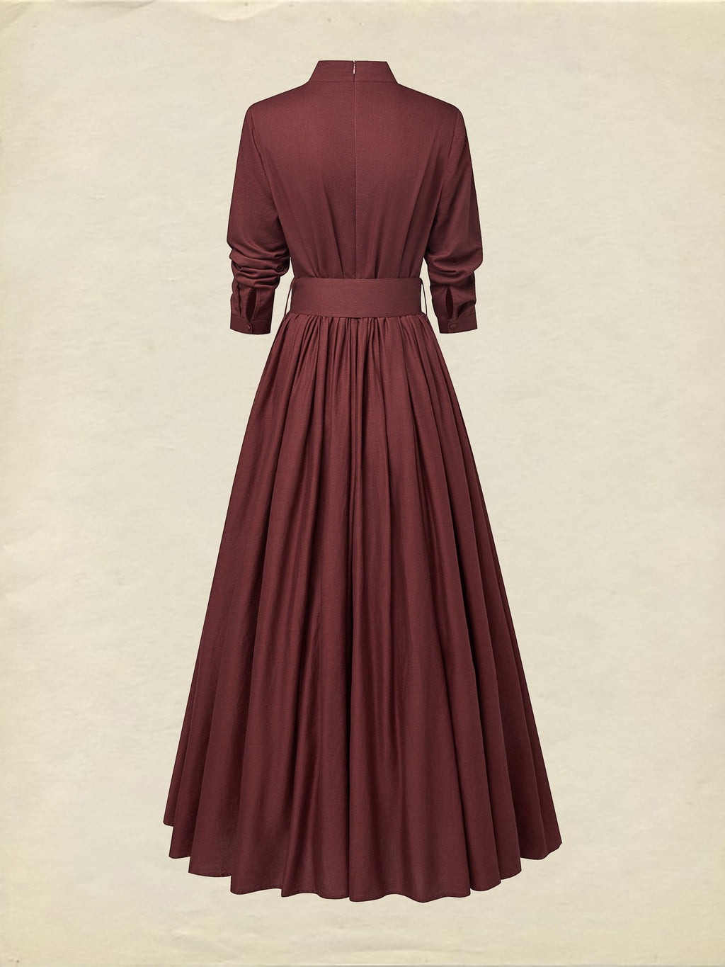 Maxi Linen Dress, Long Sleeves, Stand Collar, Plain, Button Design, Vintage, Red