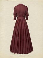 Maxi Linen Dress, Long Sleeves, Stand Collar, Plain, Button Design, Vintage, Red