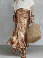 Chic Boho Knit Top & Satin Maxi Skirt Set In Champagne Ivory