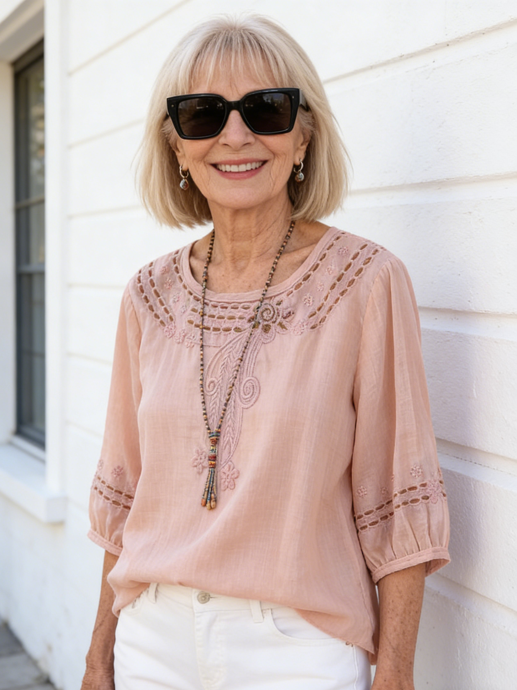 Cotton and Linen Embroidered Shirt with Seven-quarter Sleeves, Thin Temperament, Loose and Versatile Pullover Top