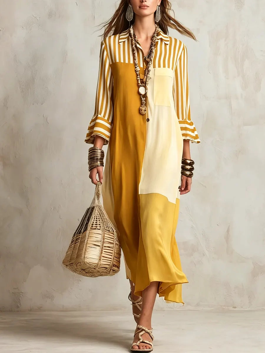 Women's Elegant Color-block Shirt Dress