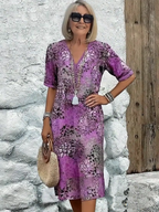 Vacation DRESS Women's Short Sleeve Summer Leopard Lace Dress V Neck Daily Going Out Casual Knee Length A-Line Khaki