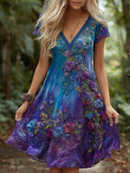 Women's Retro Rose Floral Gradient Pattern V-neck Midi Dress