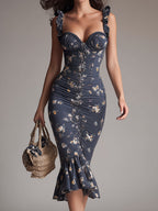 Retro Floral Shirred Fishtail Midi Dress
