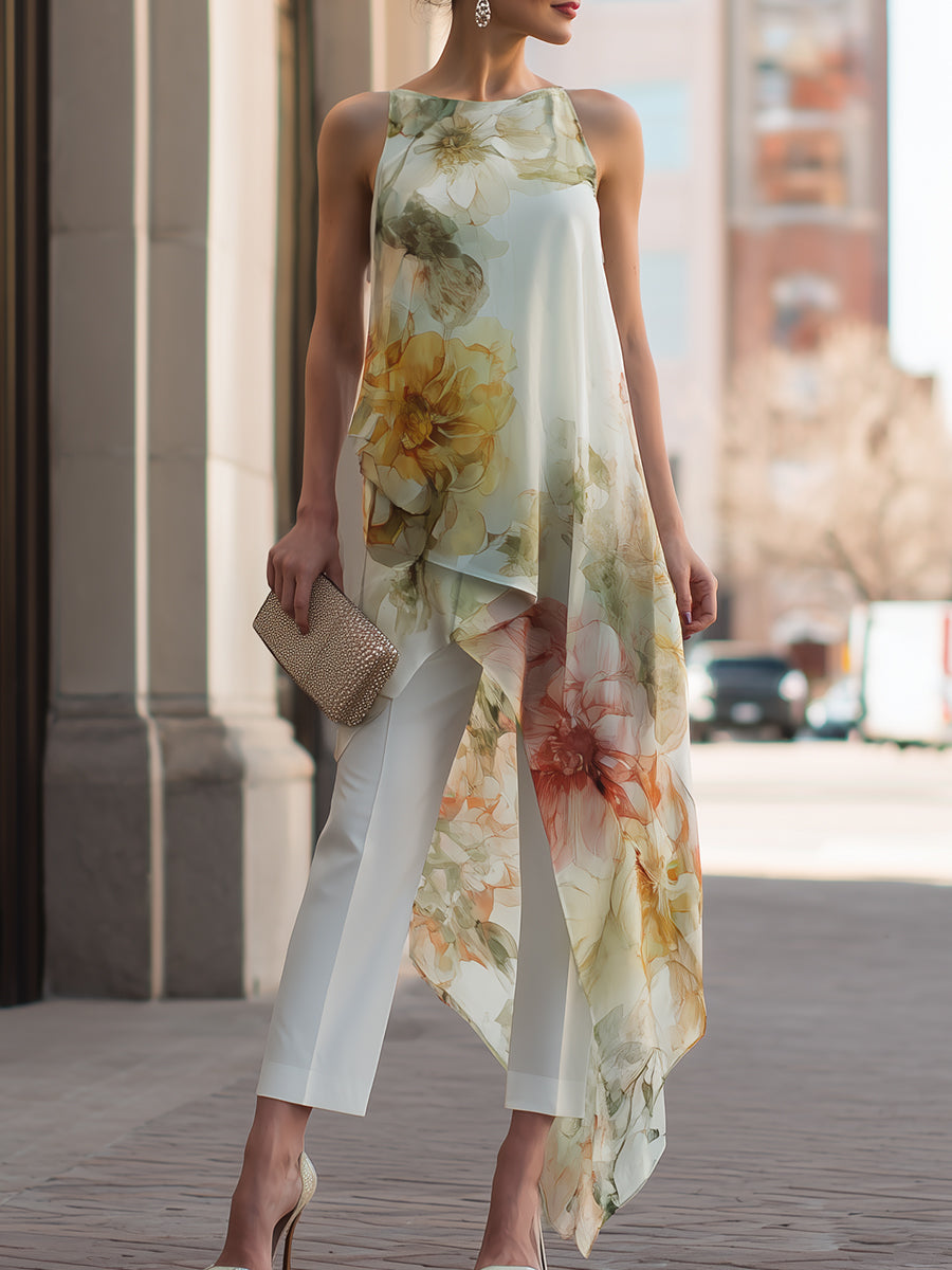 Sheer Floral Asymmetric Overlay Top & Tailored Pants Set
