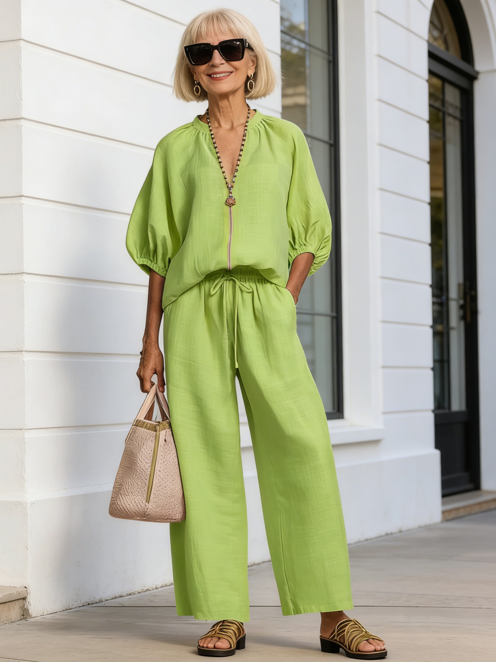2Pcs Women's Casual Loose Solid Color Zipper Round Neck Wide-leg Pants Suit Women