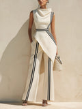 Cream Structured Cowl-Neck Top & Striped Wide-Leg Pants Set