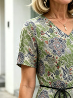 Orange Floral V-Neck Midi Dress, Short Sleeve Elastic Waist Slimming Temperament Long Dress for Mature Women