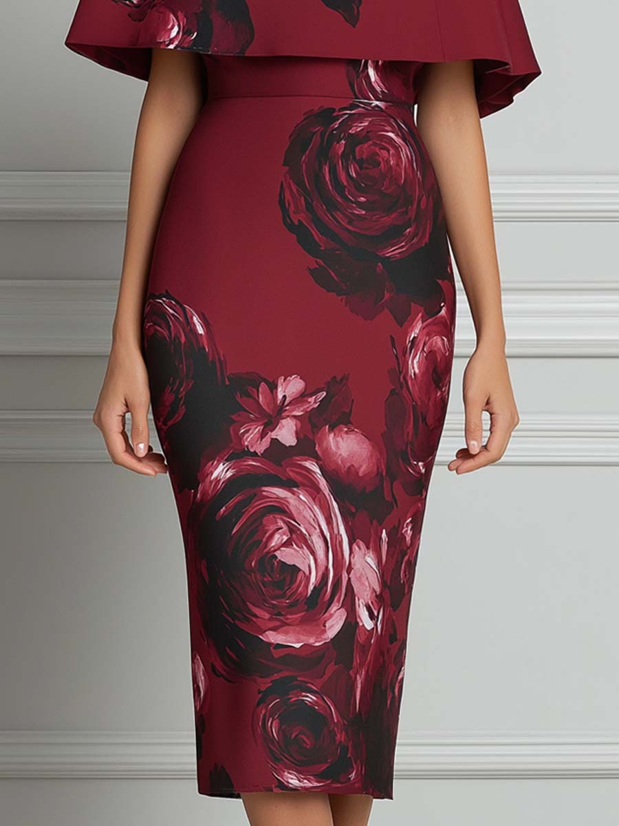 Burgundy Rose Print Cape Sleeve Bodycon Midi Dress