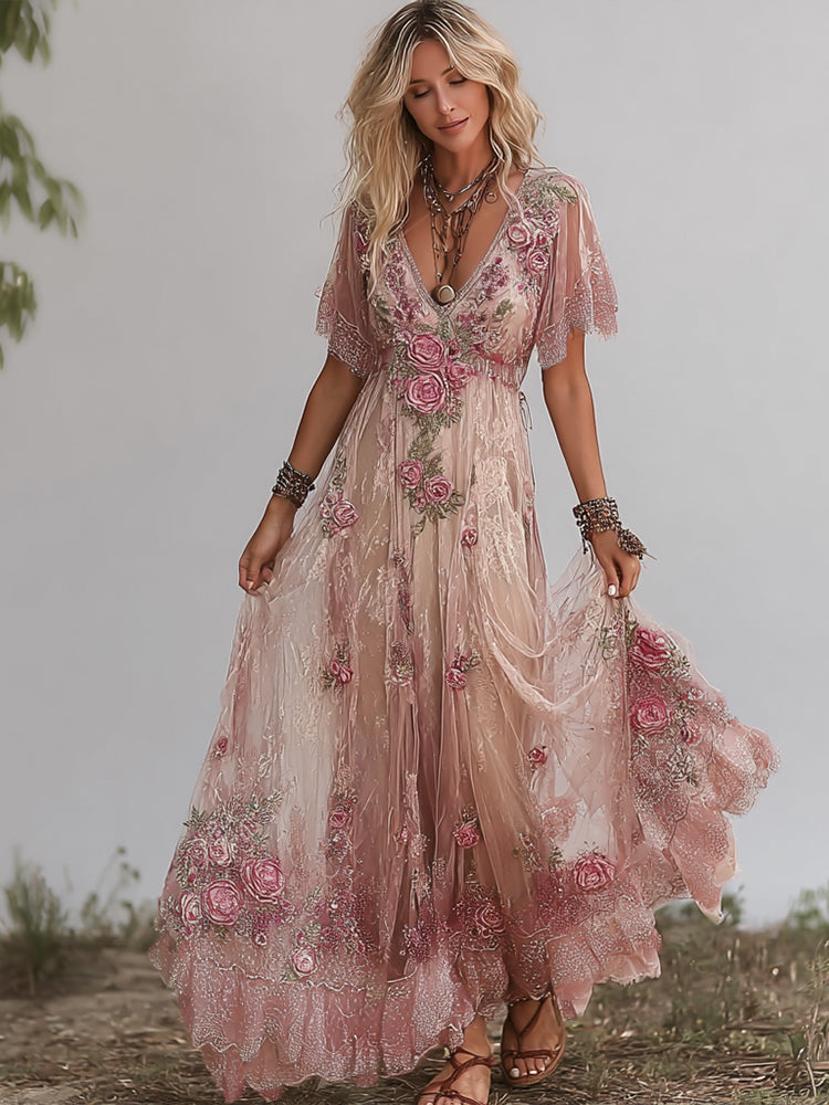 Women's Retro Rose And Sequin Embroidery Art V-neck Short Sleeve Dress