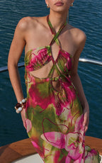 Olive Orchid Print Chiffon Frill Maxi Beach Dress