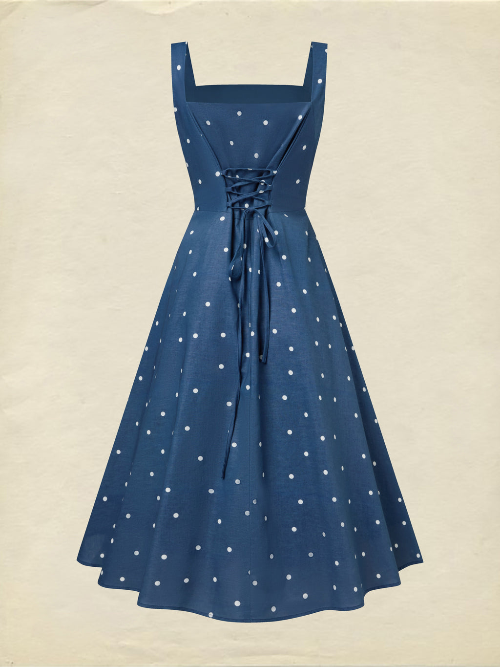 Midi Cotton Dress, Sleeveless, Square Neck, Polka Dots, Pocket Design, French Vintage, Deep Blue