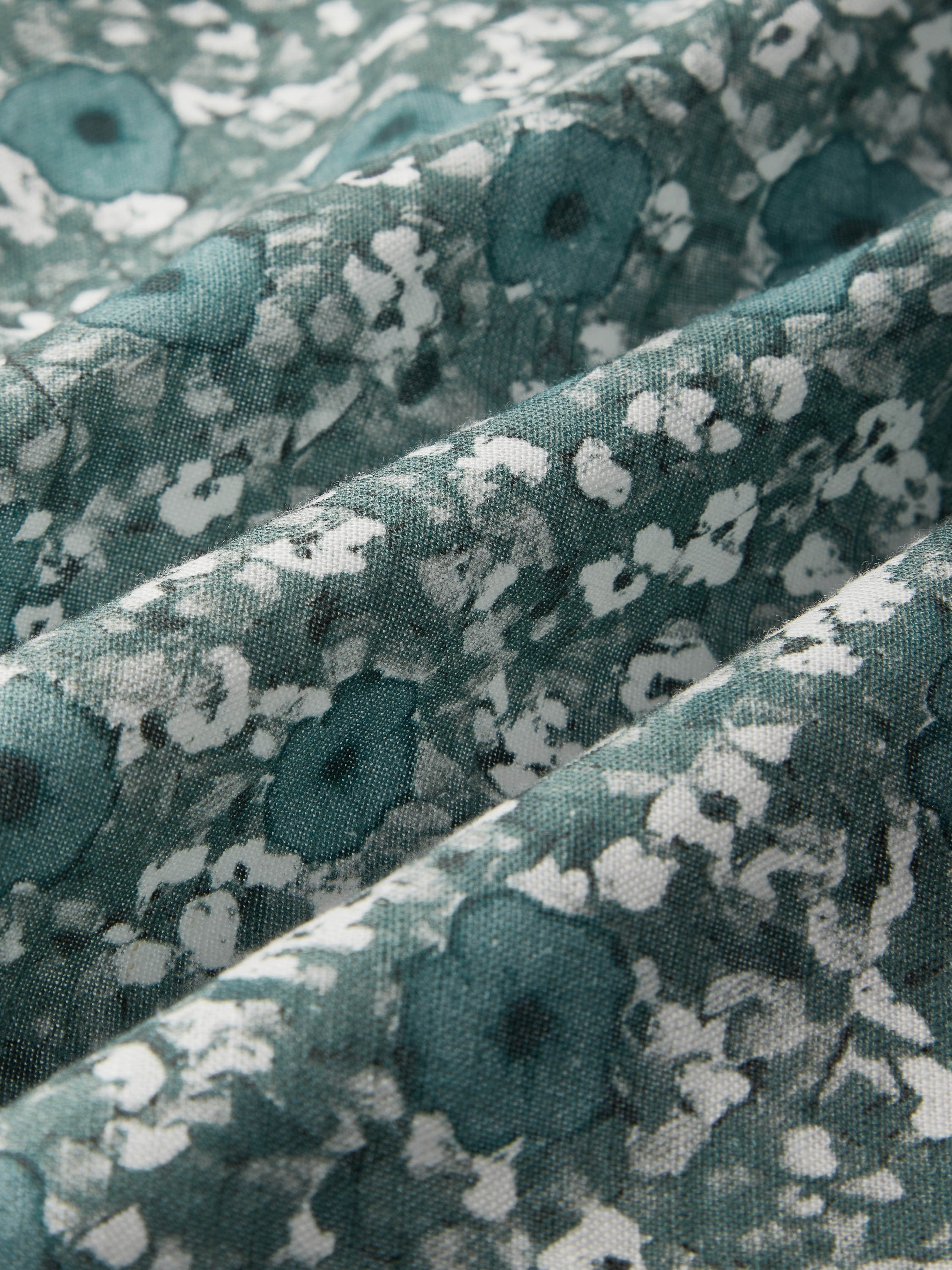 Maxi Linen Dress, Long Sleeves, V Neck, Floral, Button Design, Vintage, Green