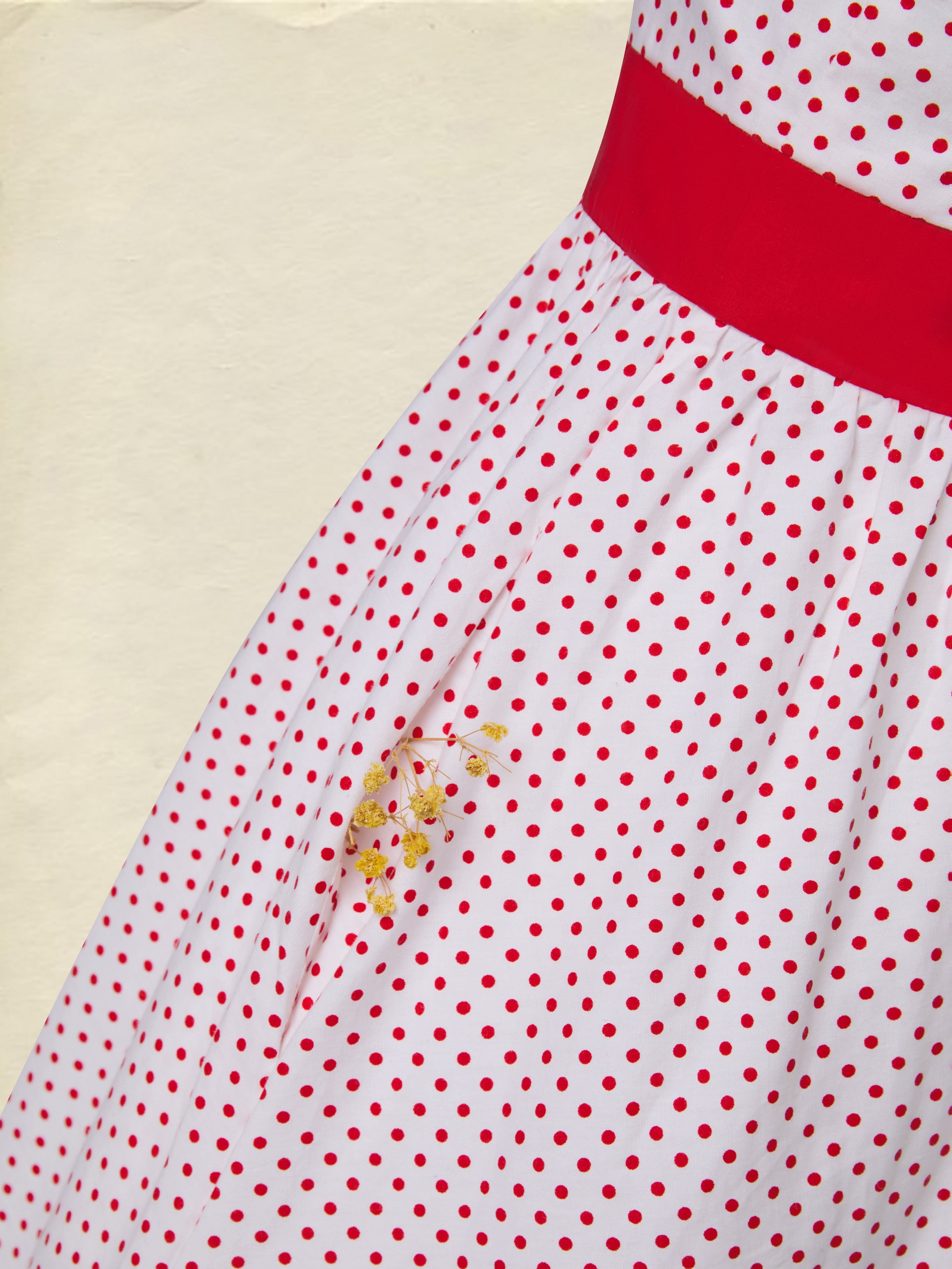 Cotton Maxi Dress, Short Sleeve, Square neck, Polka Dots, Vintage, White,Pure cotton