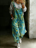 Women’s Vintage Abstract Ethnic Floral Art Print Casual One Piece Denim Jumpsuit