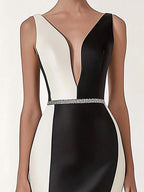 Black and White Satin Dress with Crystal Waist Detail