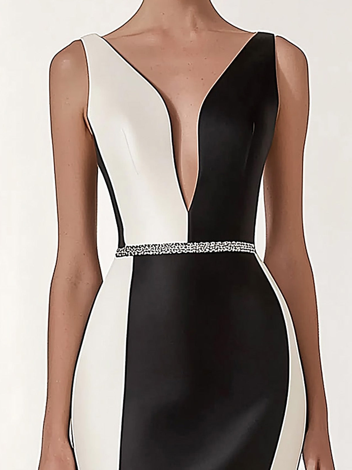 Black and White Satin Dress with Crystal Waist Detail