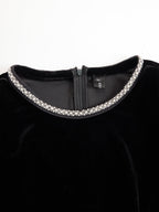 Elegant Velvet Mini Dress With Embellished Neckline And Floral Cuff Detail