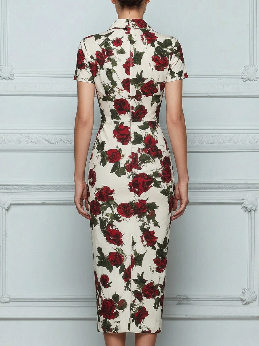 Deep V-Neck Floral Print Tailored Sheath Midi Dress