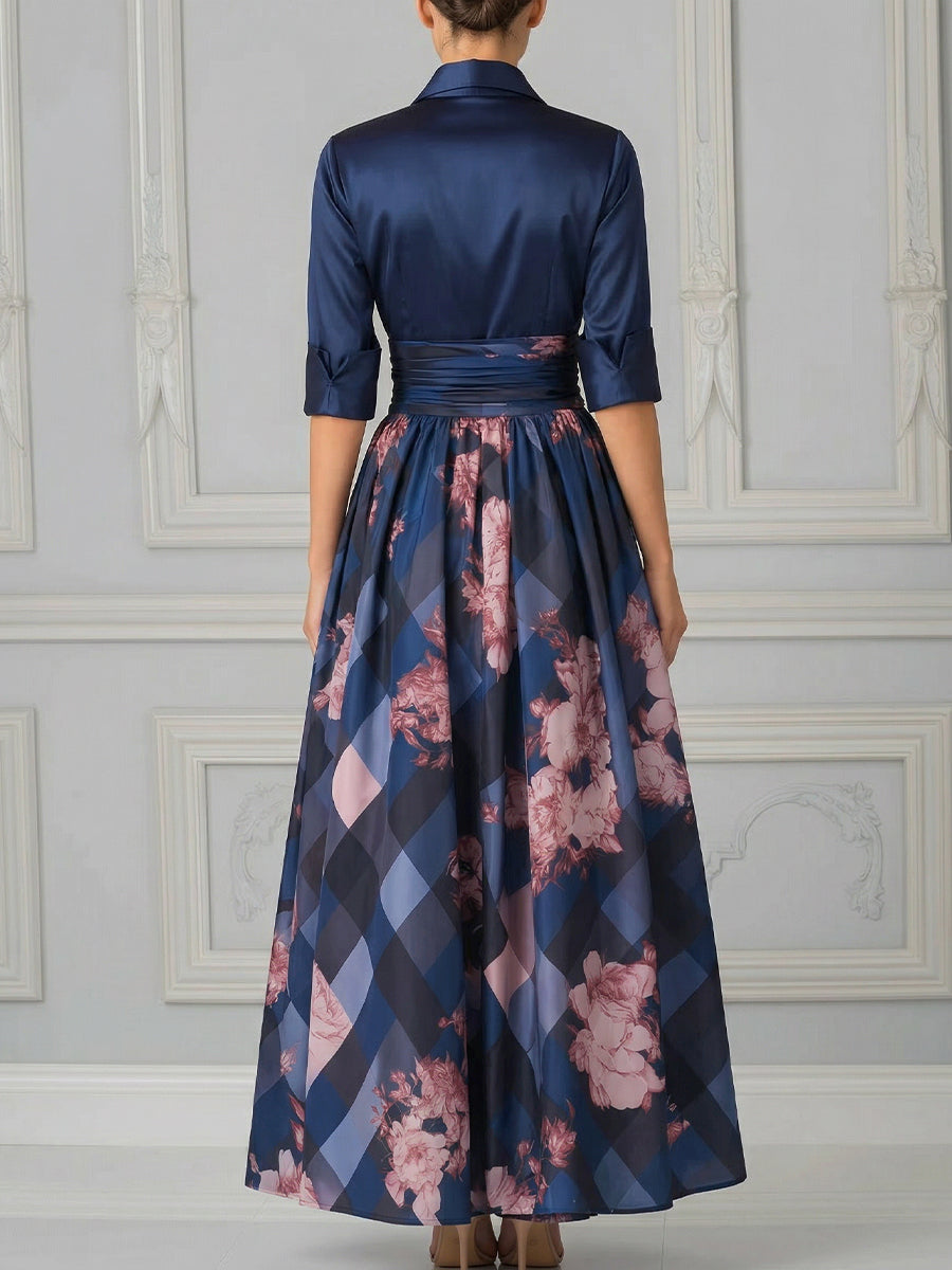 Collared Waist-Tie Pleated A-Line Maxi Dress
