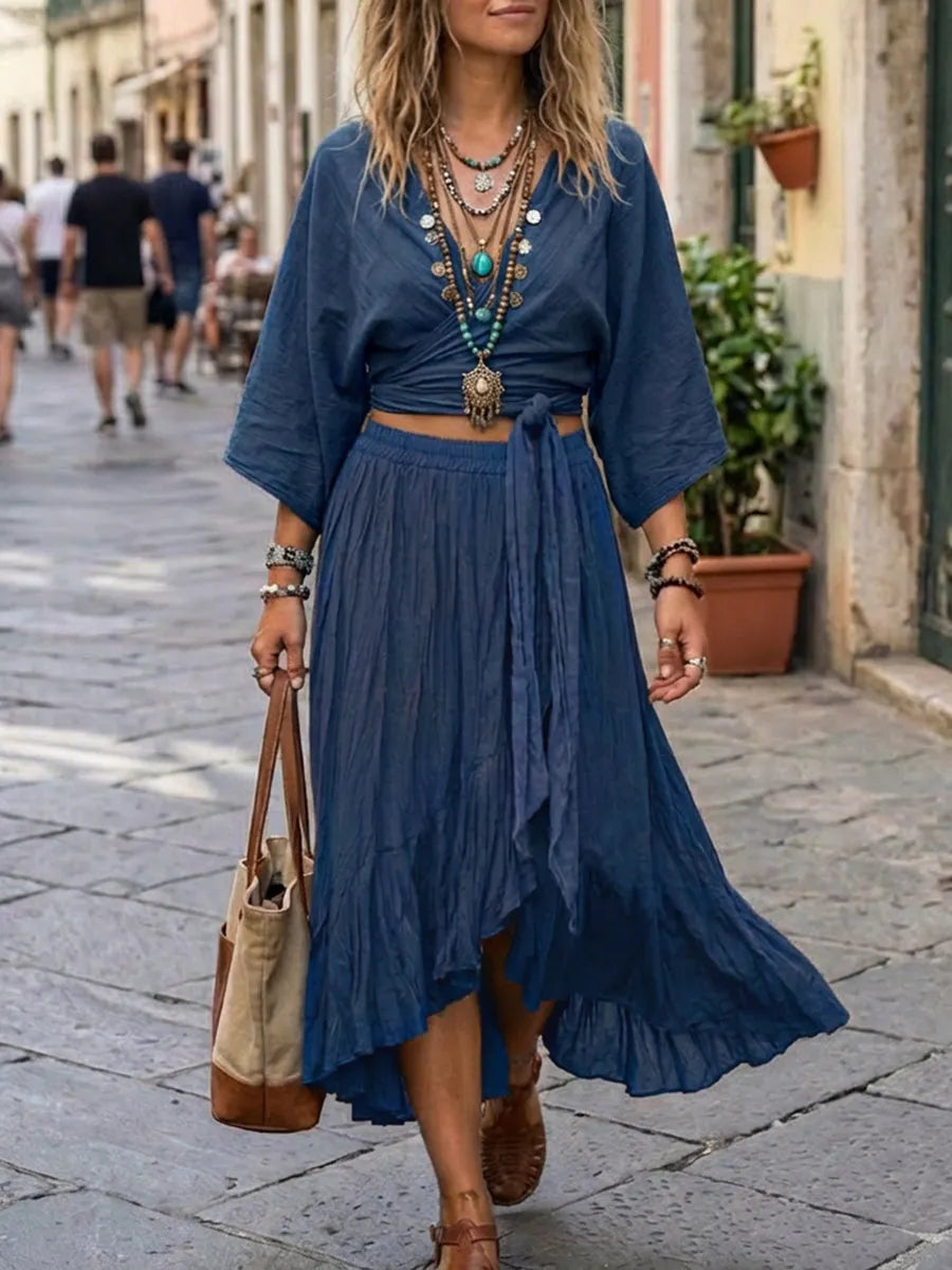 Bohemian Lace-up Linen And Cotton Top And Skirt Two-piece Set