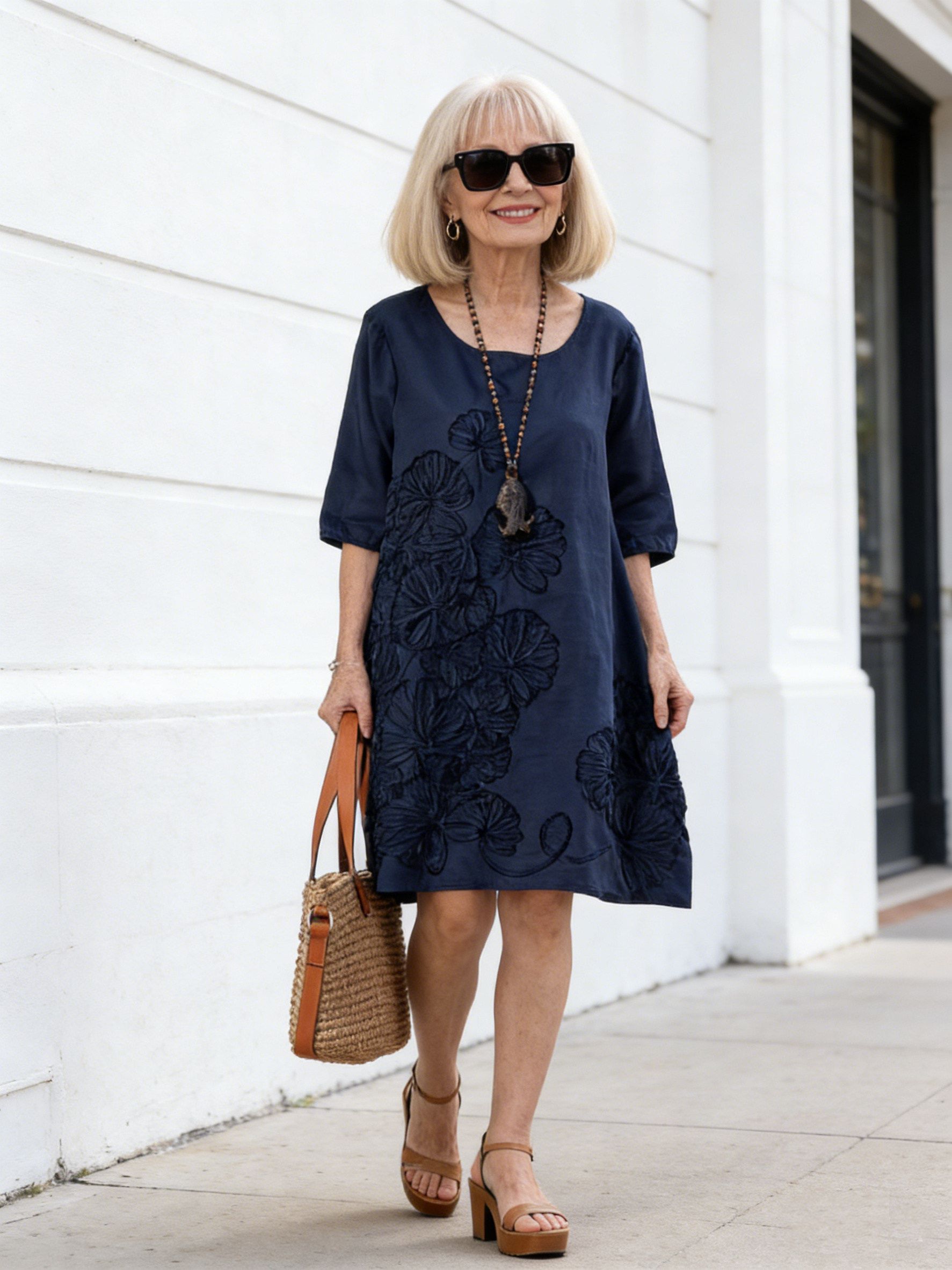 Middle Sleeve Dress Loose Embroidered Long Sleeve Cotton and Linen Dress