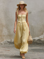Casual Retro Yellow Sleeveless Ruffled Cotton-linen Top And Wide-leg Pants Set